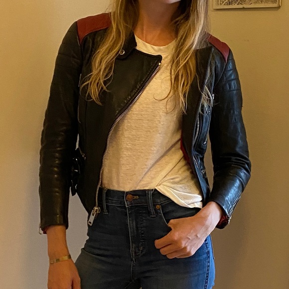 XS Leather Motorcycle Jacket w/ Red Shoulders - Picture 3 of 6